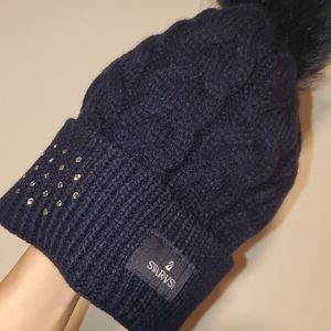 Swarovski crystal knitted navy pom pom beanie hat